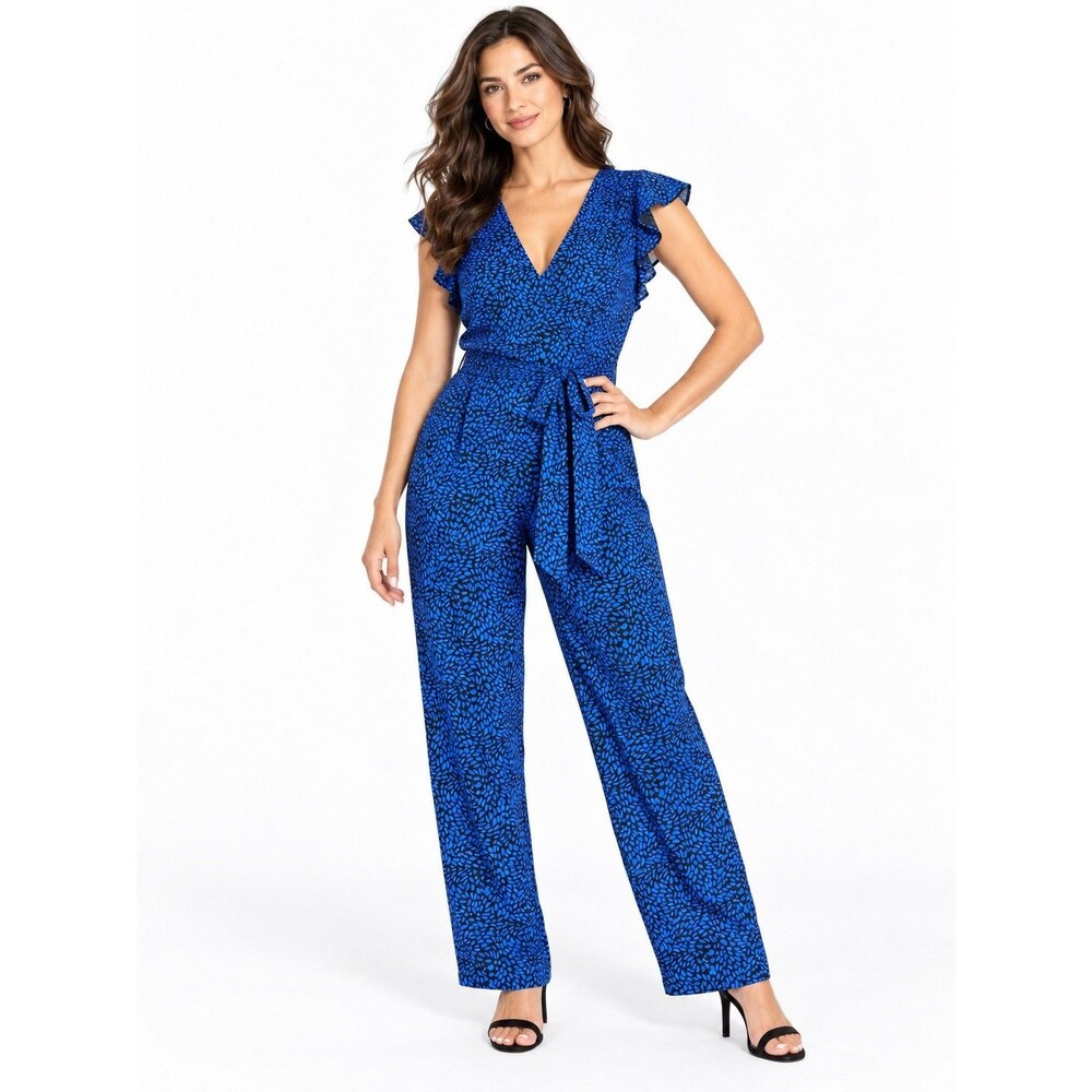White House Black Market Women’s Lg Blue Black Jumpsuit Belted Ruffle Sleeve